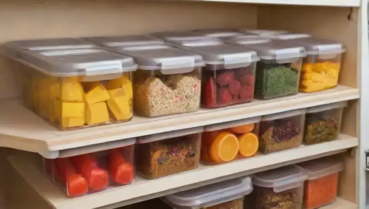Cocina brillante y organizada con frutas y verduras frescas, utensilios de acero inoxidable y un ambiente saludable