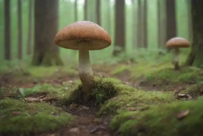 Ilustraciones de hongos en un bosque letón con tonos verdes suaves y luz sutil