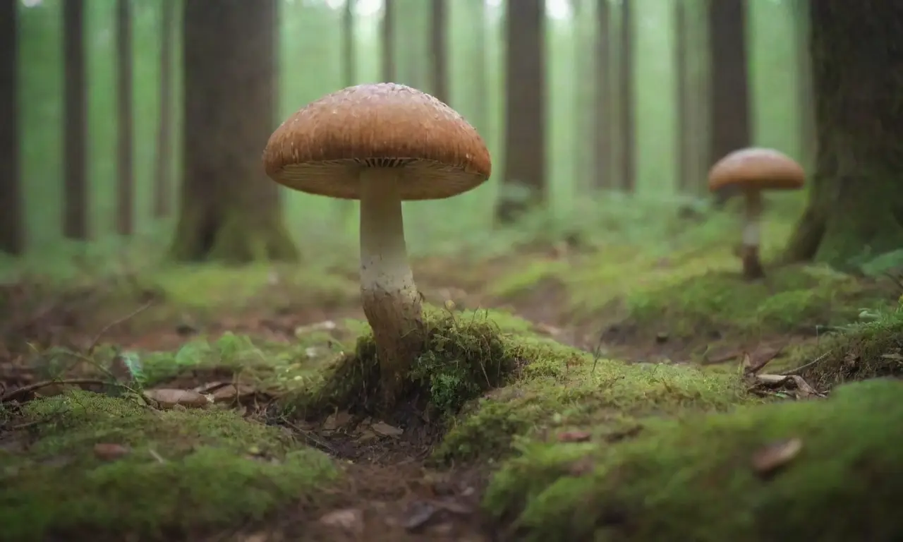 Ilustraciones de hongos en un bosque letón con tonos verdes suaves y luz sutil