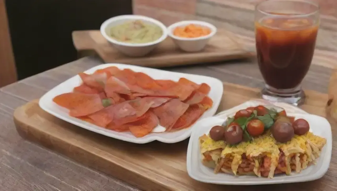 Una mesa rústica llena de tapas coloridas, risas y amigos disfrutando de buena comida y vino