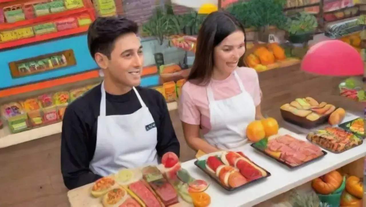 Un collage vibrante de gastronomía, tecnología y cultura culinaria en un entorno urbano