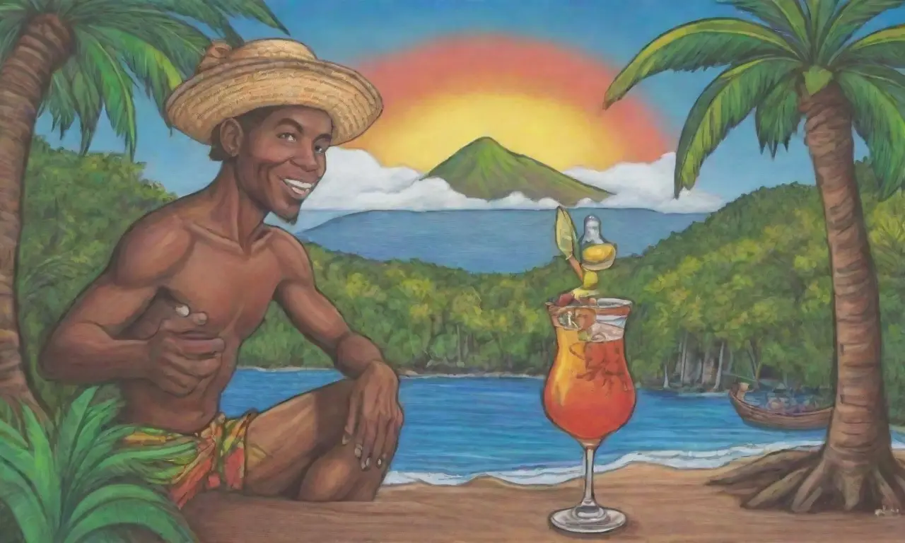Revolución del ron jamaicano con colores vibrantes, paisajes tropicales y rica herencia cultural