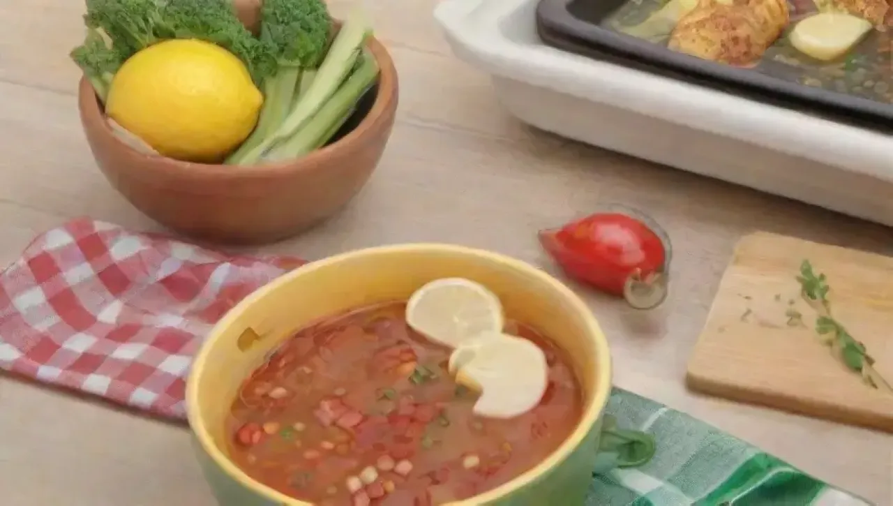 Una cocina vibrante y acogedora con sopa humeante, verduras frescas, especias coloridas y un ambiente familiar