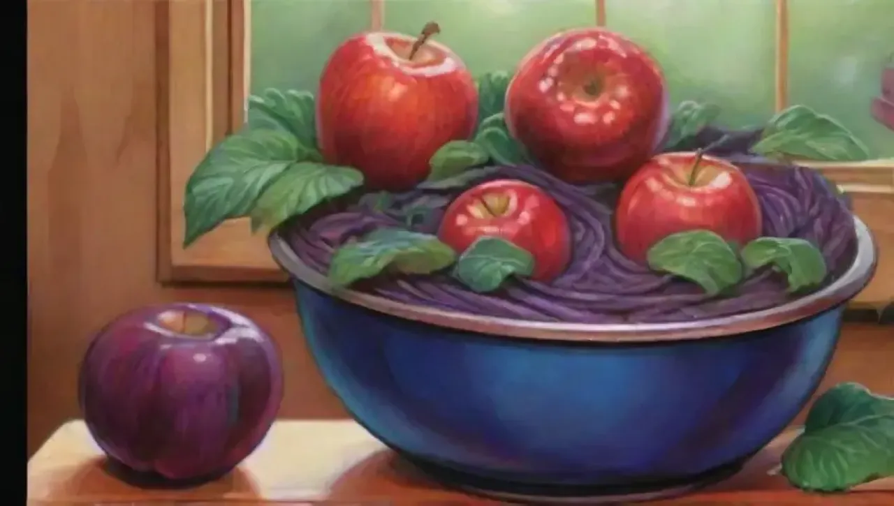 Manzanas rojas brillantes y repollo morado en un acogedor ambiente de cocina