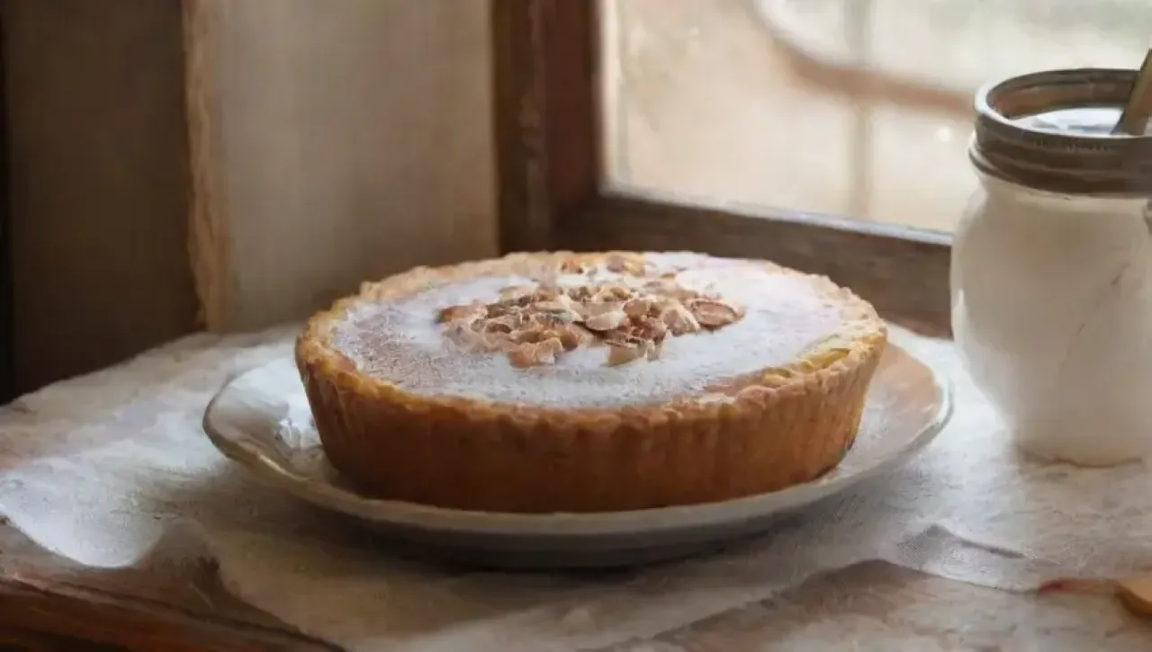Un ambiente acogedor de cocina con pastel dorado, flores de almendro y café humeante