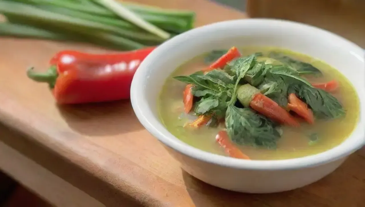 Una cocina cálida y acogedora presenta una colorida sopa con ingredientes frescos y un ambiente invitante