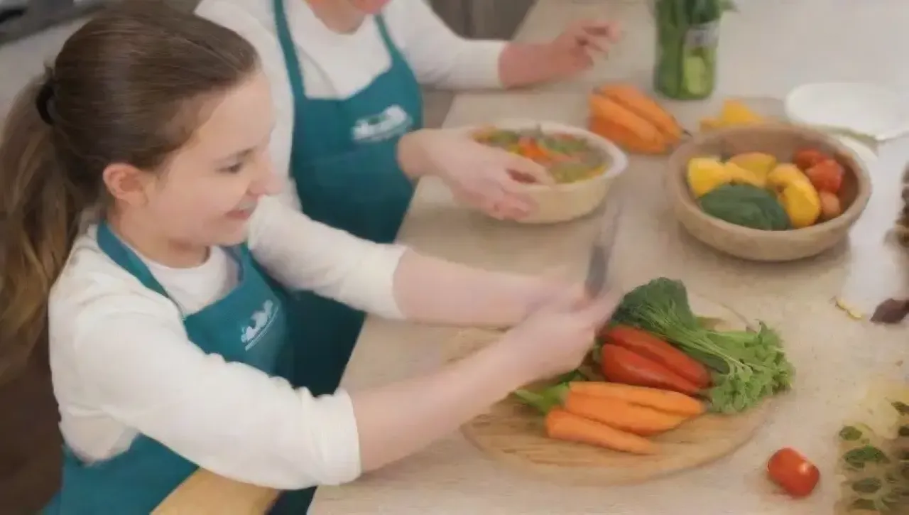 Una familia se reúne en una cocina brillante y colorida para preparar una deliciosa comida juntos