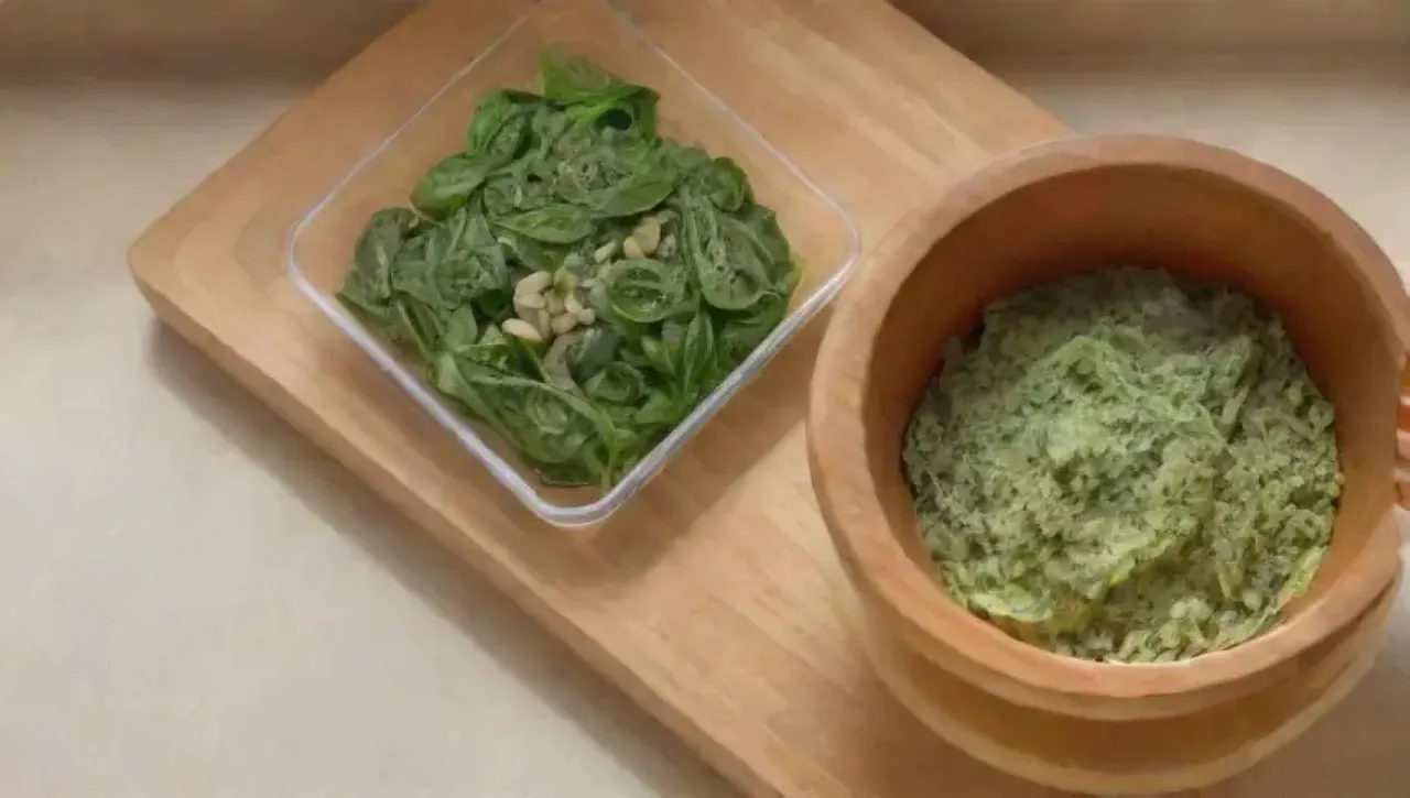 Un delicioso plato de fettuccine al pesto con ingredientes frescos y un ambiente acogedor