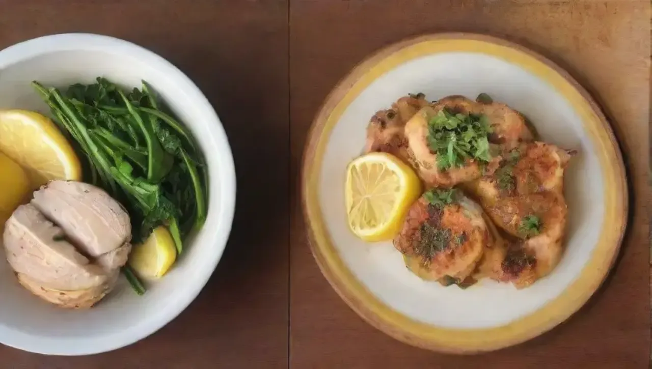 Una acogedora mesa con pollo dorado, limones amarillos, hierbas frescas y un ambiente cálido