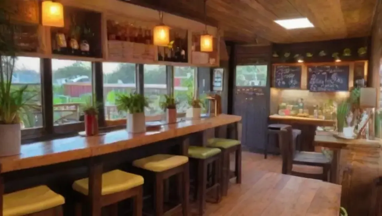 Un acogedor restaurante con mesas de madera, luces suaves, plantas verdes, arte colorido, personal amable y un ambiente cálido
