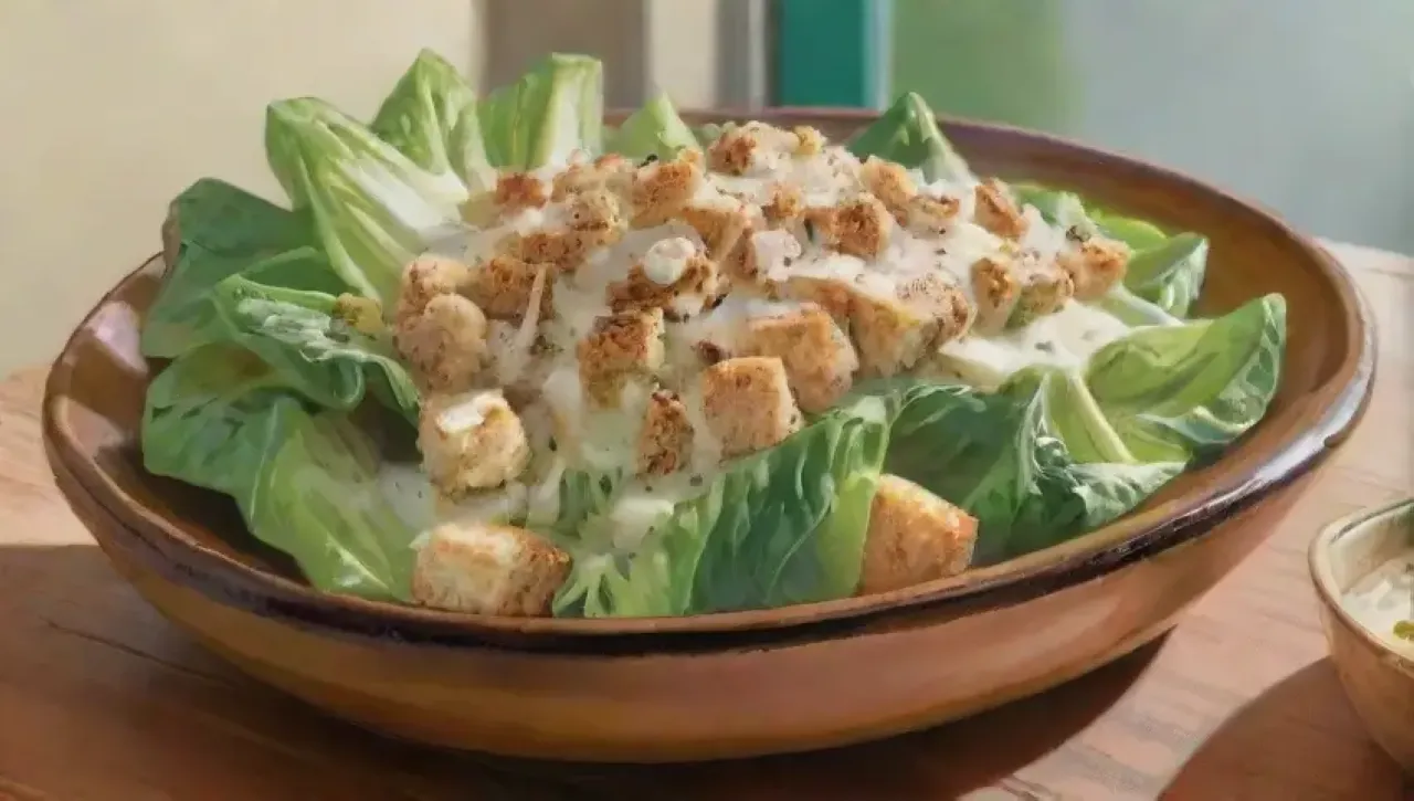 Una ensalada César vibrante y elegante, lista para compartir en un ambiente cálido y acogedor
