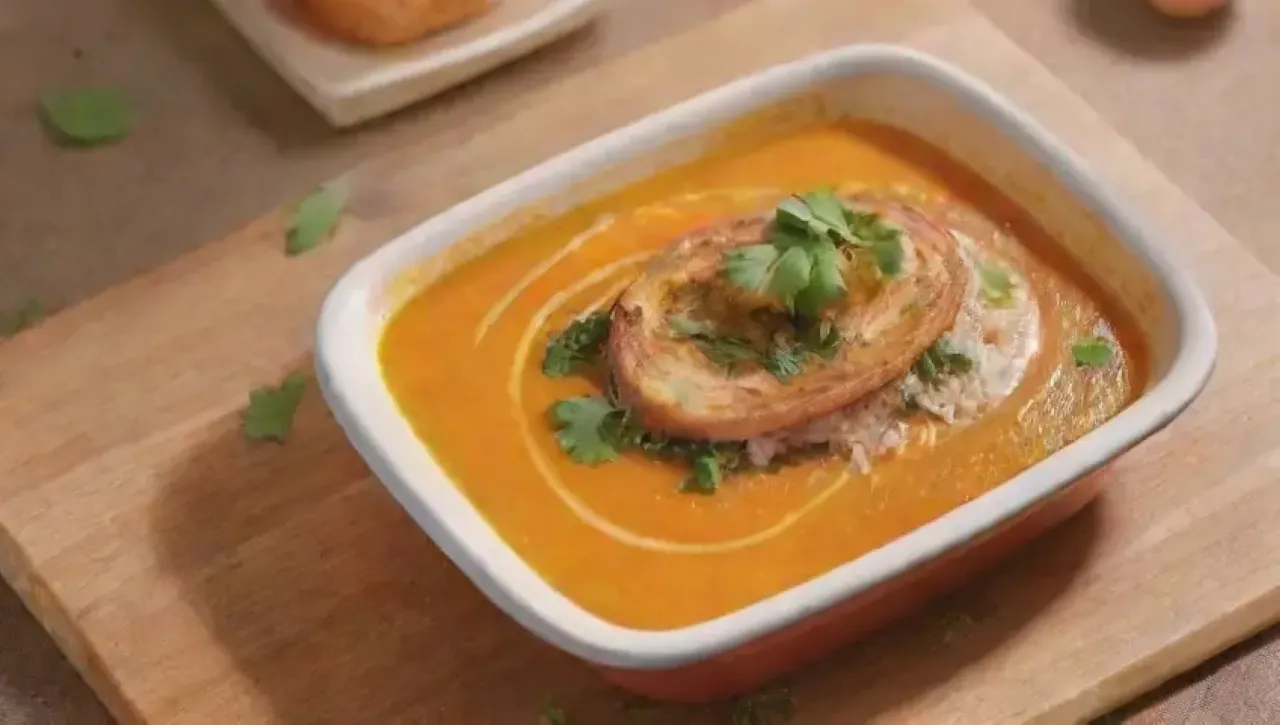 Sopa cremosa de auyama con hierbas frescas en una acogedora cocina