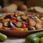 Verduras coloridas en una cocina vibrante con ratatouille y un ambiente acogedor