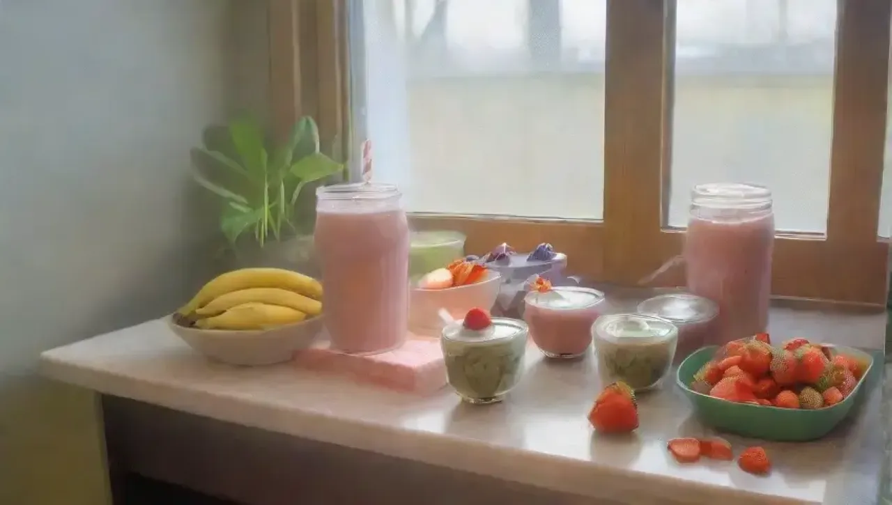 Un desayuno colorido y fresco en una cocina rústica