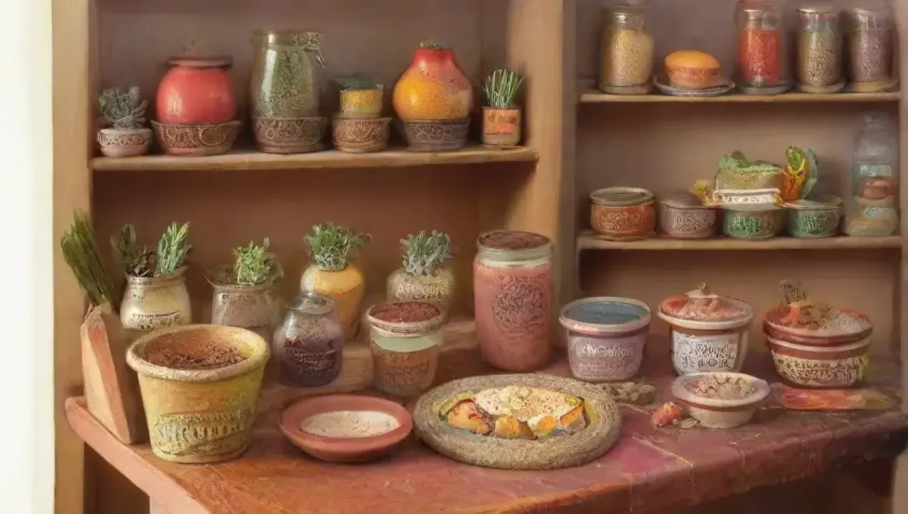 Un mural vibrante y acogedor, con colores ricos, utensilios de madera, platos de barro, hierbas frescas, luz cálida y un ambiente que invita a compartir