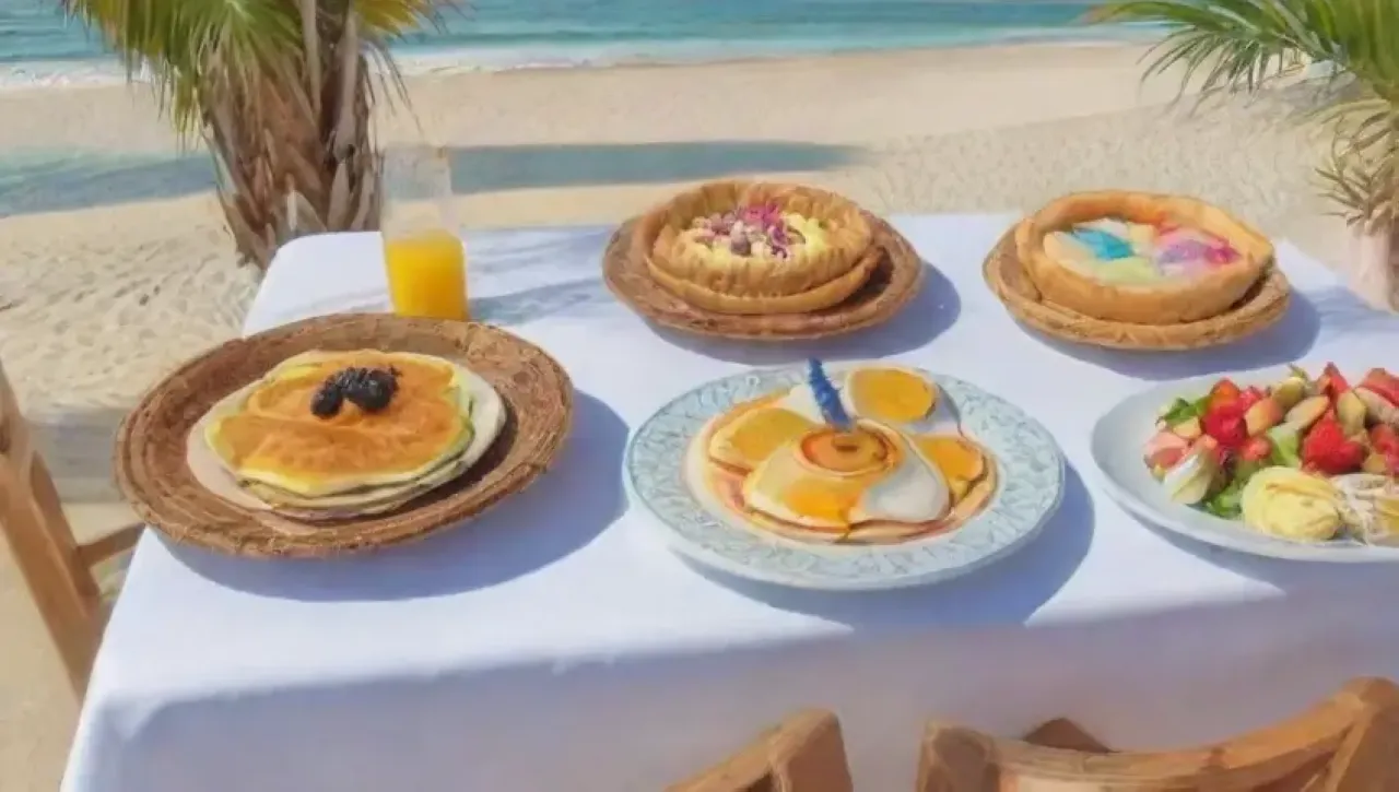 Un brunch costero perfecto con mar azul, playa dorada, deliciosa comida y ambiente relajante