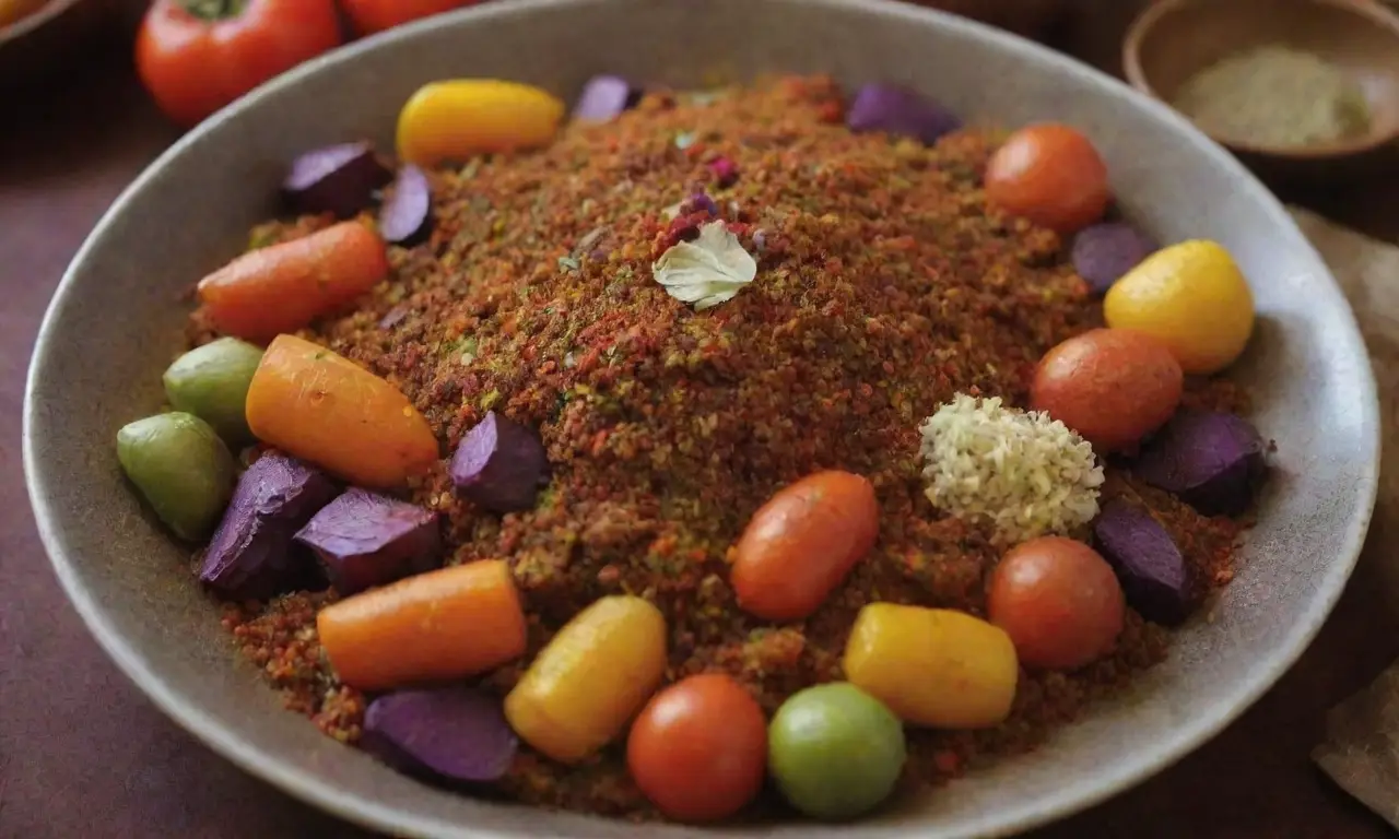 Plato persa vegano de verduras coloridas y especias fragantes