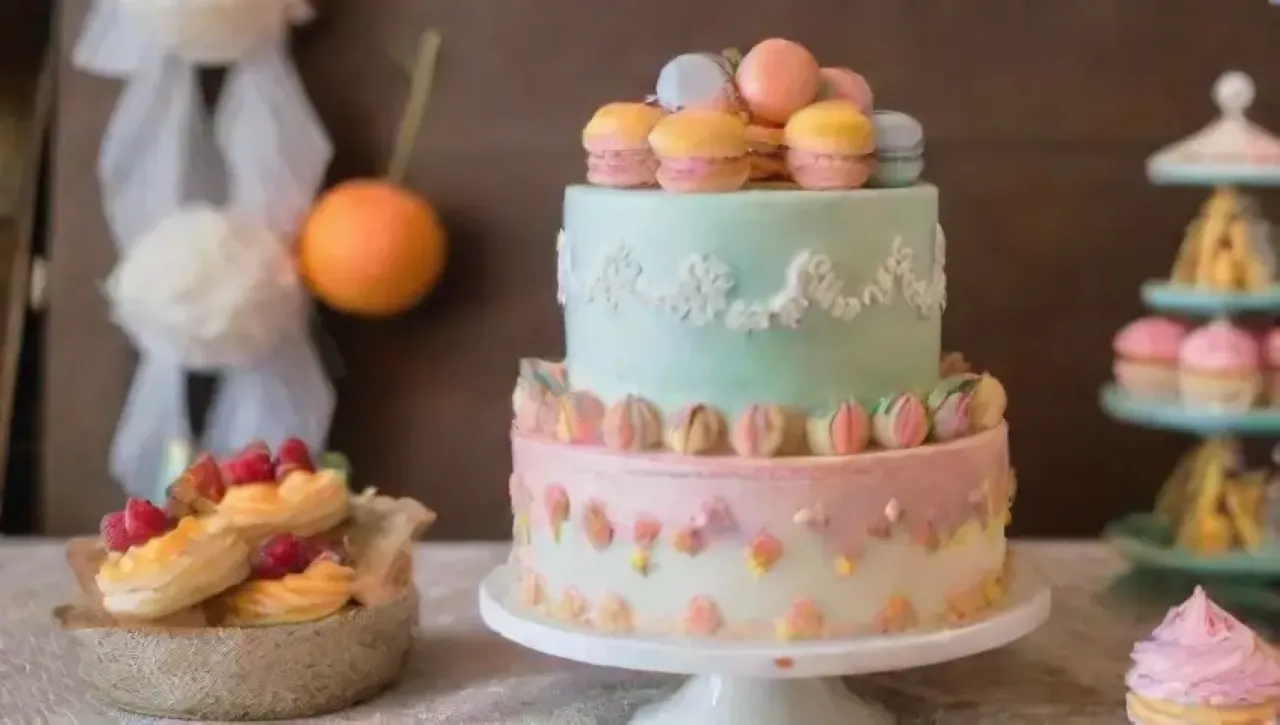 Una mesa de postres colorida y elegante con pasteles decorados y detalles encantadores