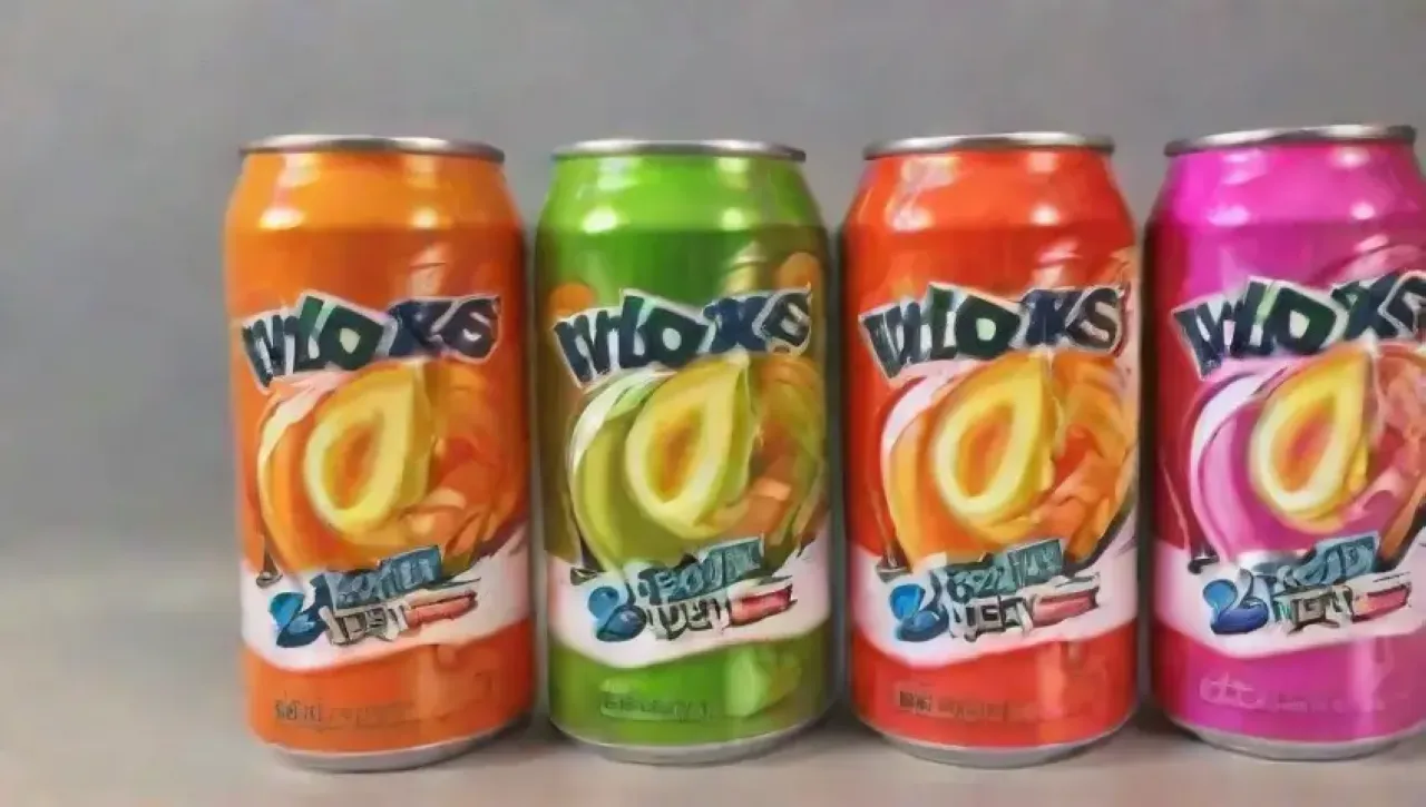 Bebidas energéticas vibrantes con colores llamativos y gráficos dinámicos que contrastan con la fatiga