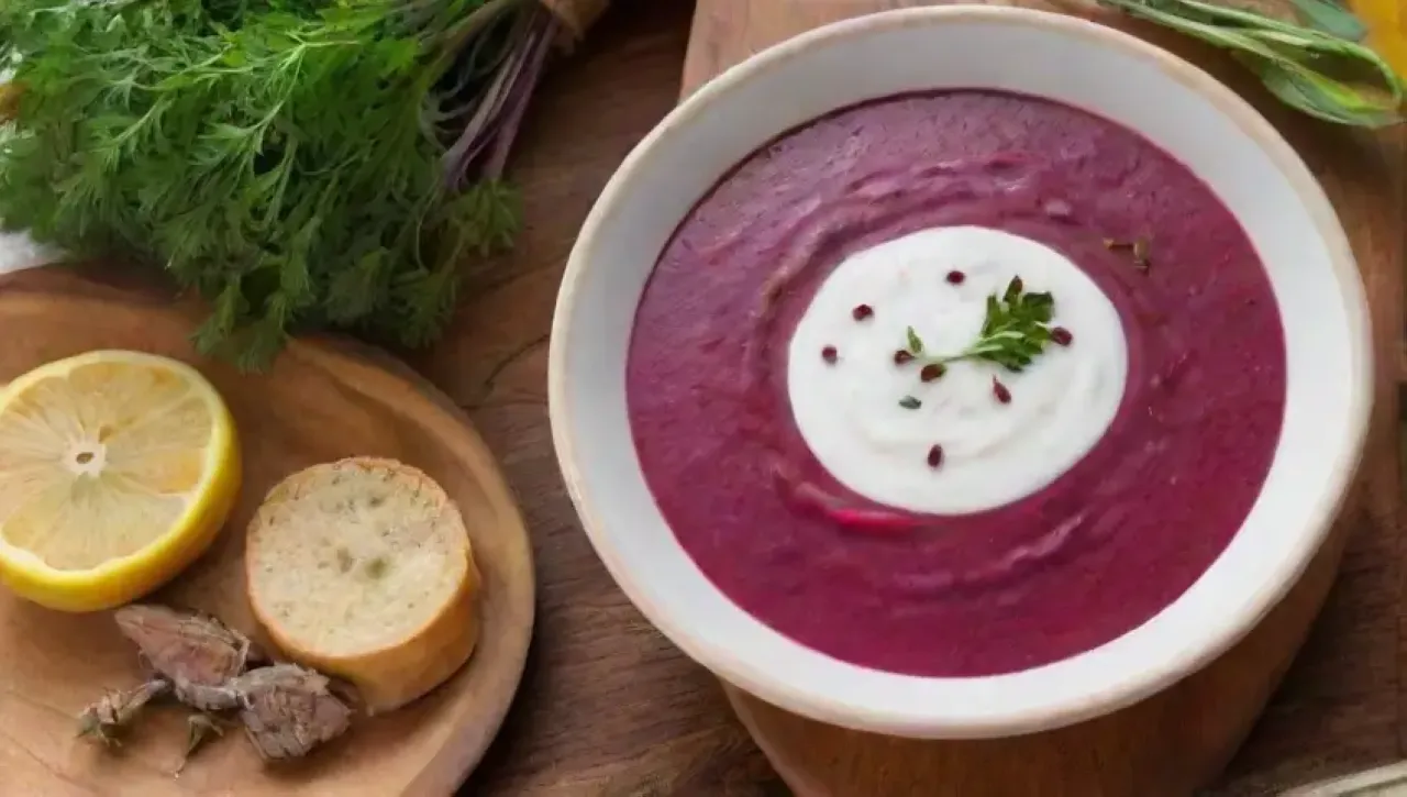 Sopa de remolacha vibrante en un acogedor ambiente de cocina