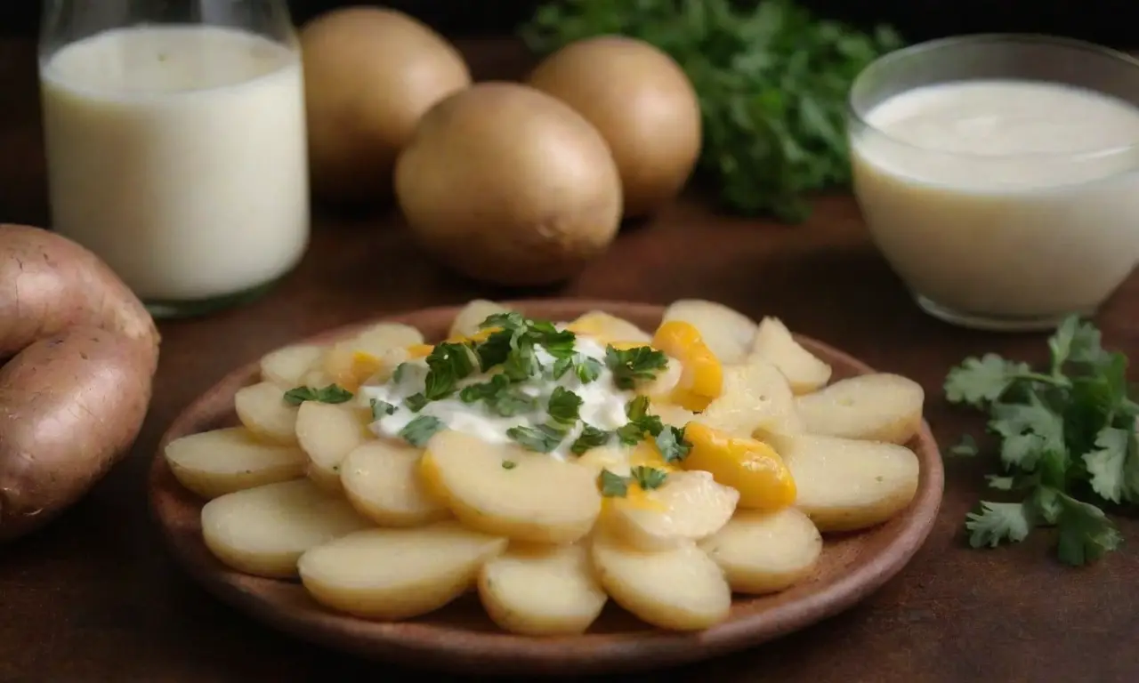 Papas con queso, pimiento amarillo, leche, ajo, sal, aceite de oliva y cilantro