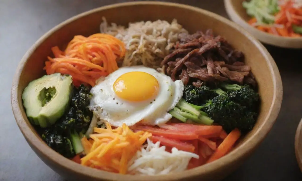 Bibimbap colorido con vegetales vibrantes y sabores ricos, tradición familiar y presentación artística