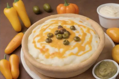 Purés de papa con salsa huancaína y aceitunas