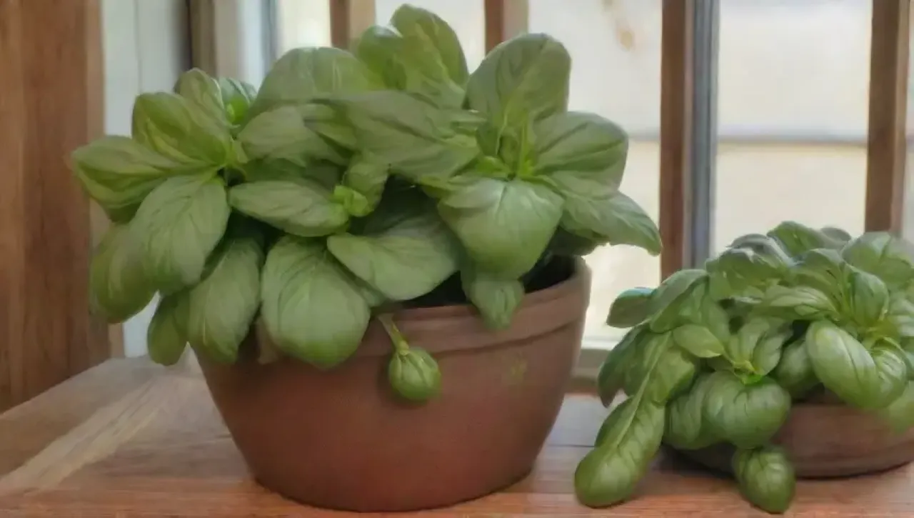 Un ambiente de cocina acogedor con albahaca fresca y seca, ingredientes vibrantes y creatividad culinaria