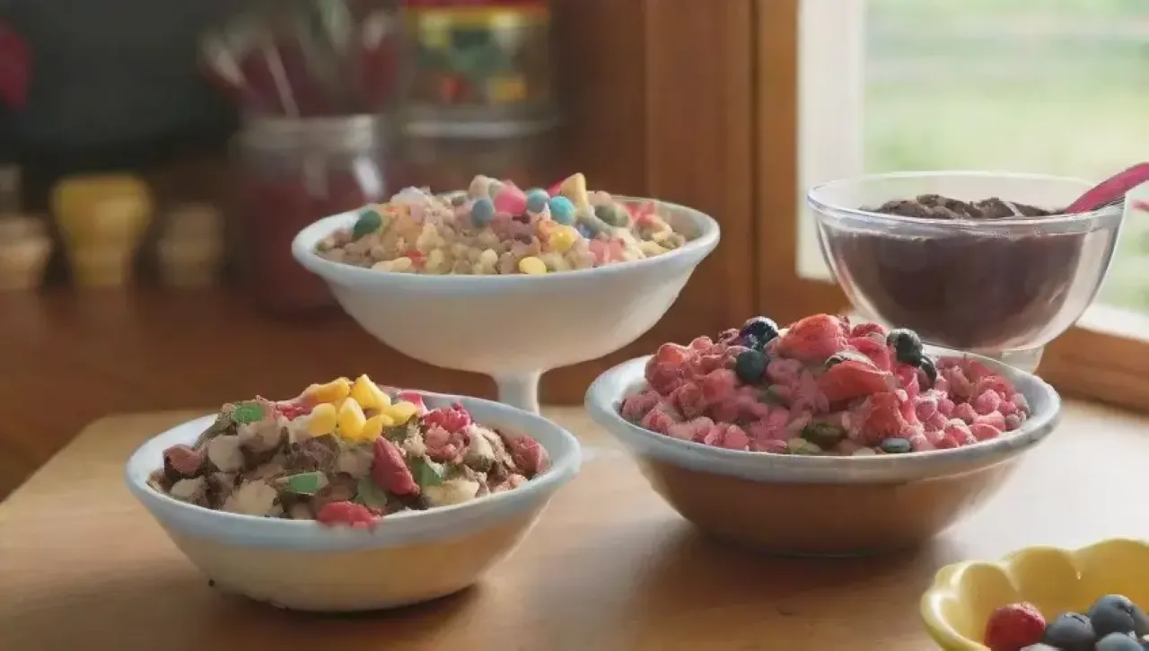 Una cocina acogedora llena de frutas, risas familiares y helados de colores