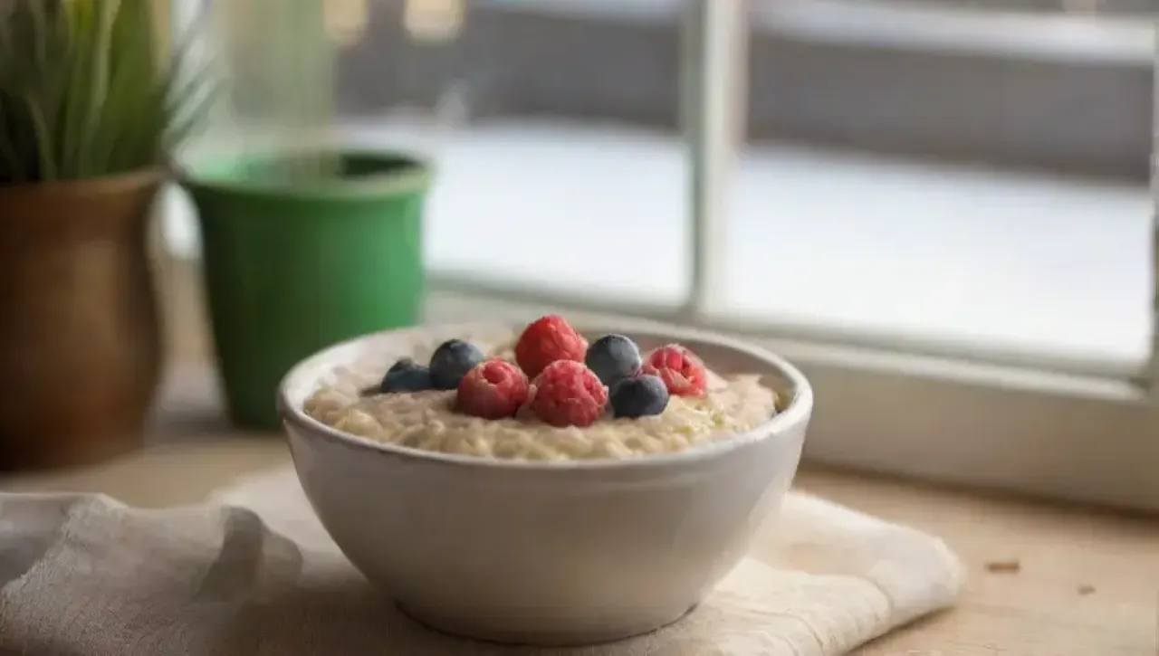 La luz suave de la mañana ilumina una acogedora cocina con avena humeante, frutas y un ambiente cálido