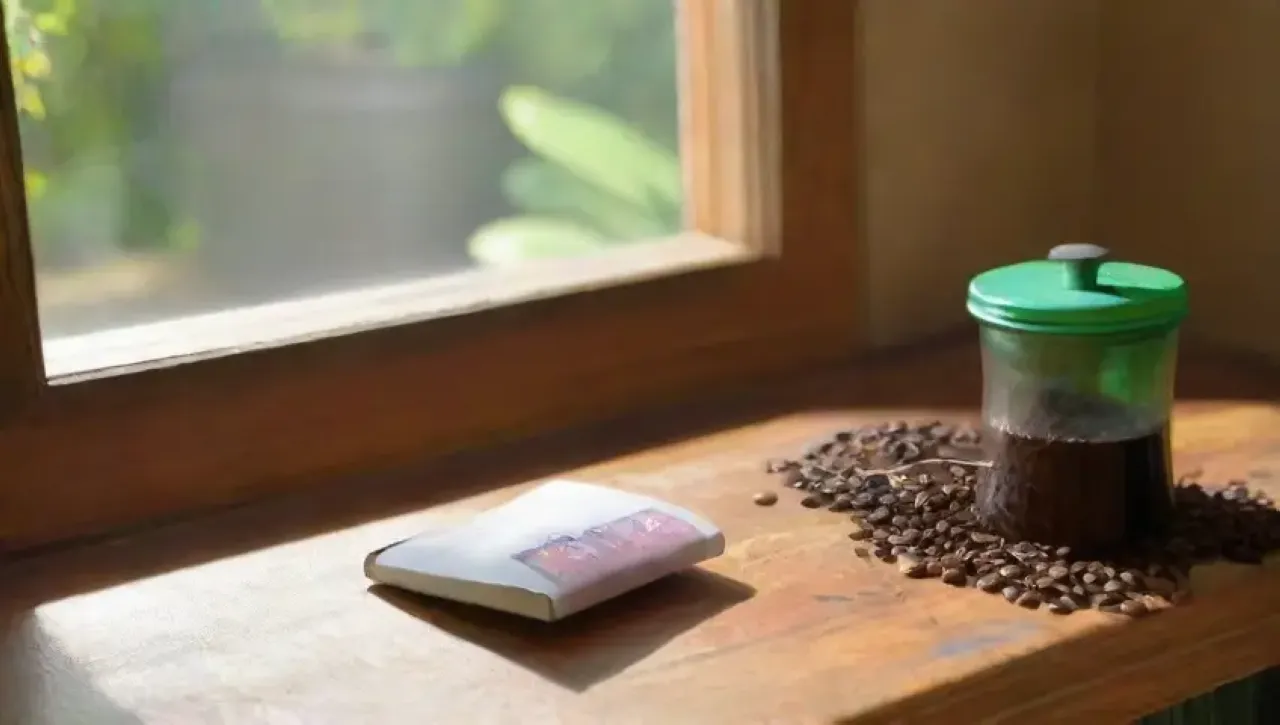 Un ambiente acogedor de café con granos oscuros, agua fría, plantas verdes y una taza humeante lista para disfrutar