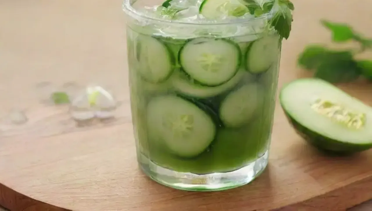 Un refrescante batido de pepino y menta, servido en un vaso con hielo y decorado con frutas frescas