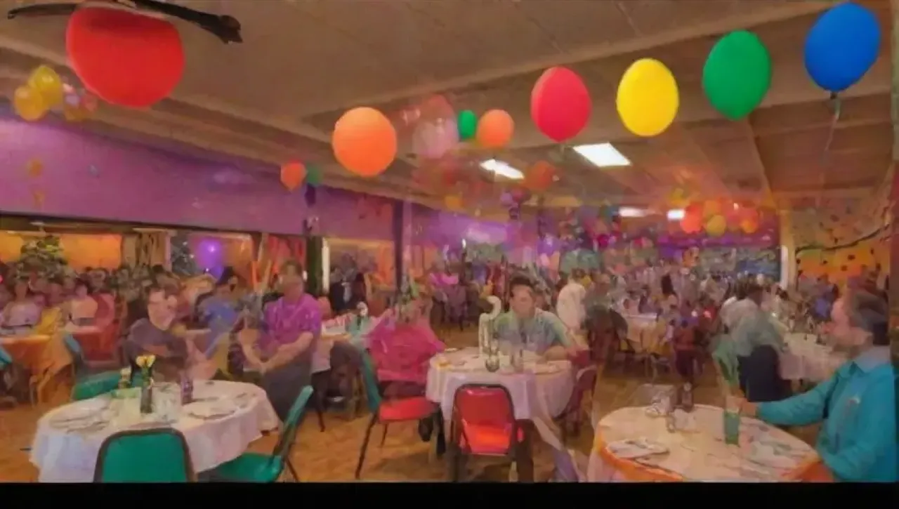 Un lugar festivo y colorido lleno de risas, comida deliciosa y decoraciones divertidas