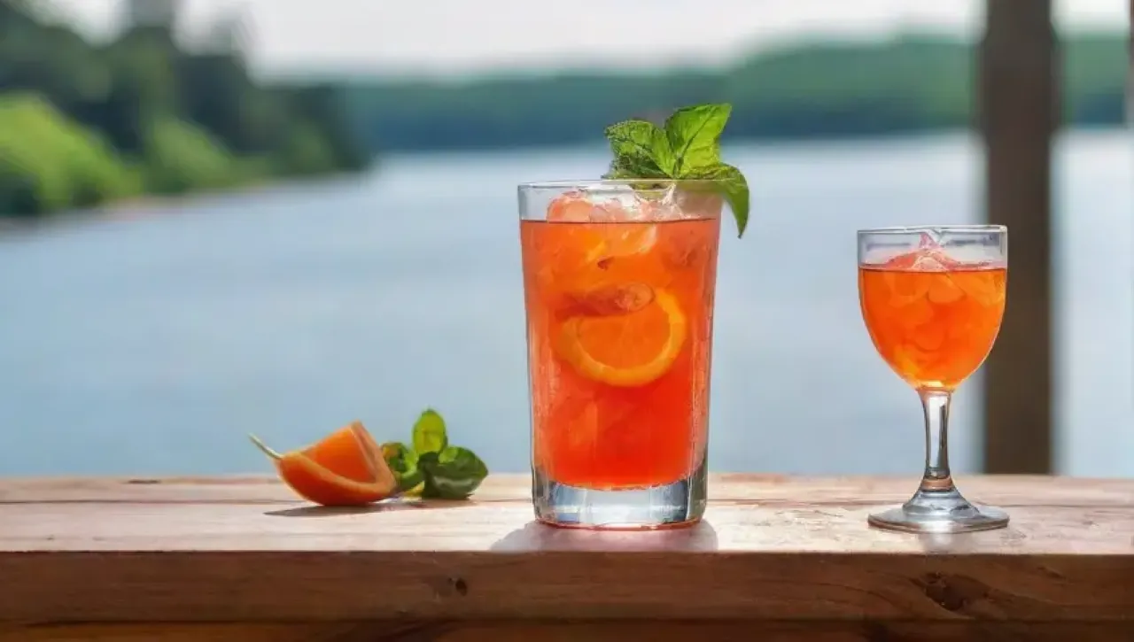 Cóctel refrescante de Aperol con hielo, rodaja de naranja y menta en un ambiente veraniego