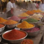 Comida callejera vibrante y colorida en mercados bulliciosos