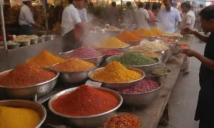 Comida callejera vibrante y colorida en mercados bulliciosos