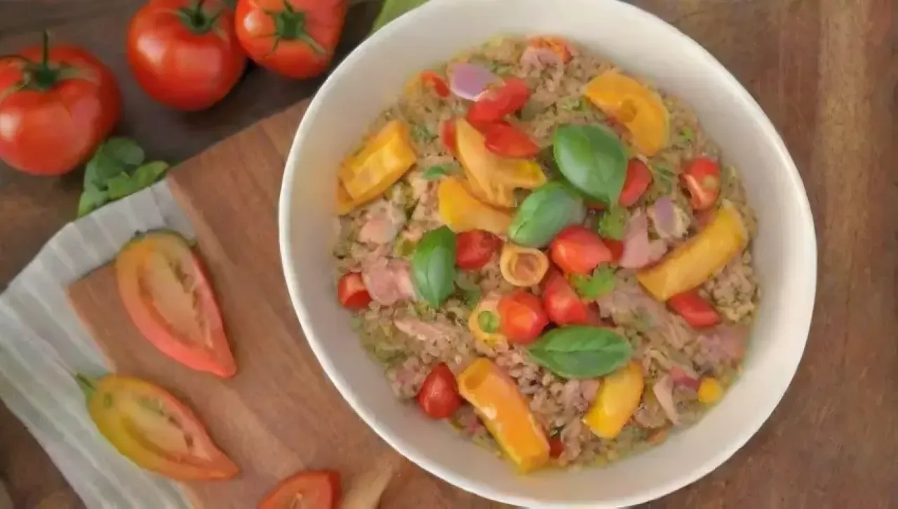 Una mesa rústica decorada con pasta sin gluten, tomates, albahaca, aguacate, pimientos, especias y una receta escrita
