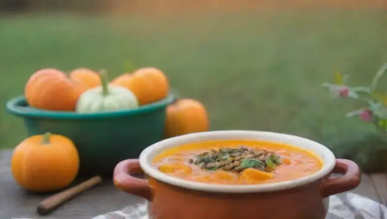 Una acogedora escena otoñal con calabaza, especias y luz cálida