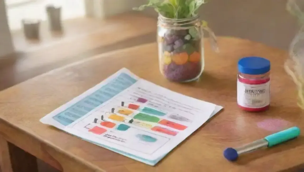 Una cocina serena y colorida llena de suplementos, frutas y herramientas de salud