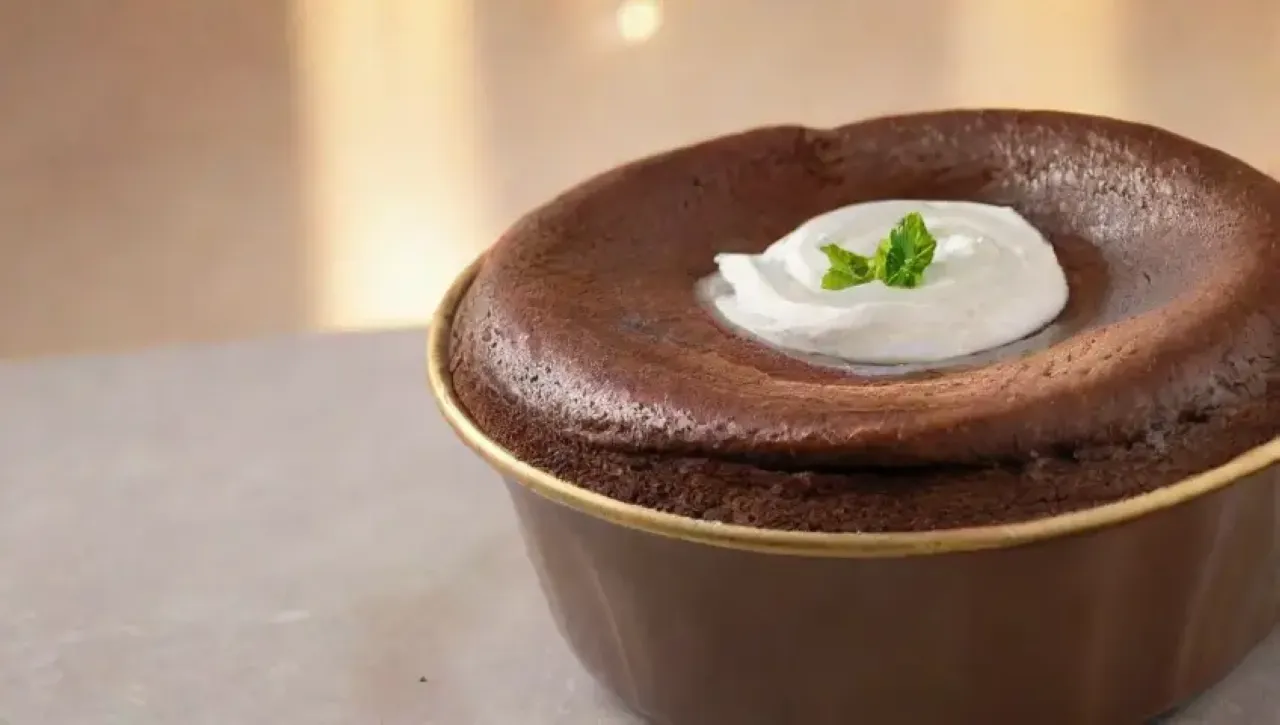 Soufflé de chocolate esponjoso, dorado y elegante, servido con crema batida y menta