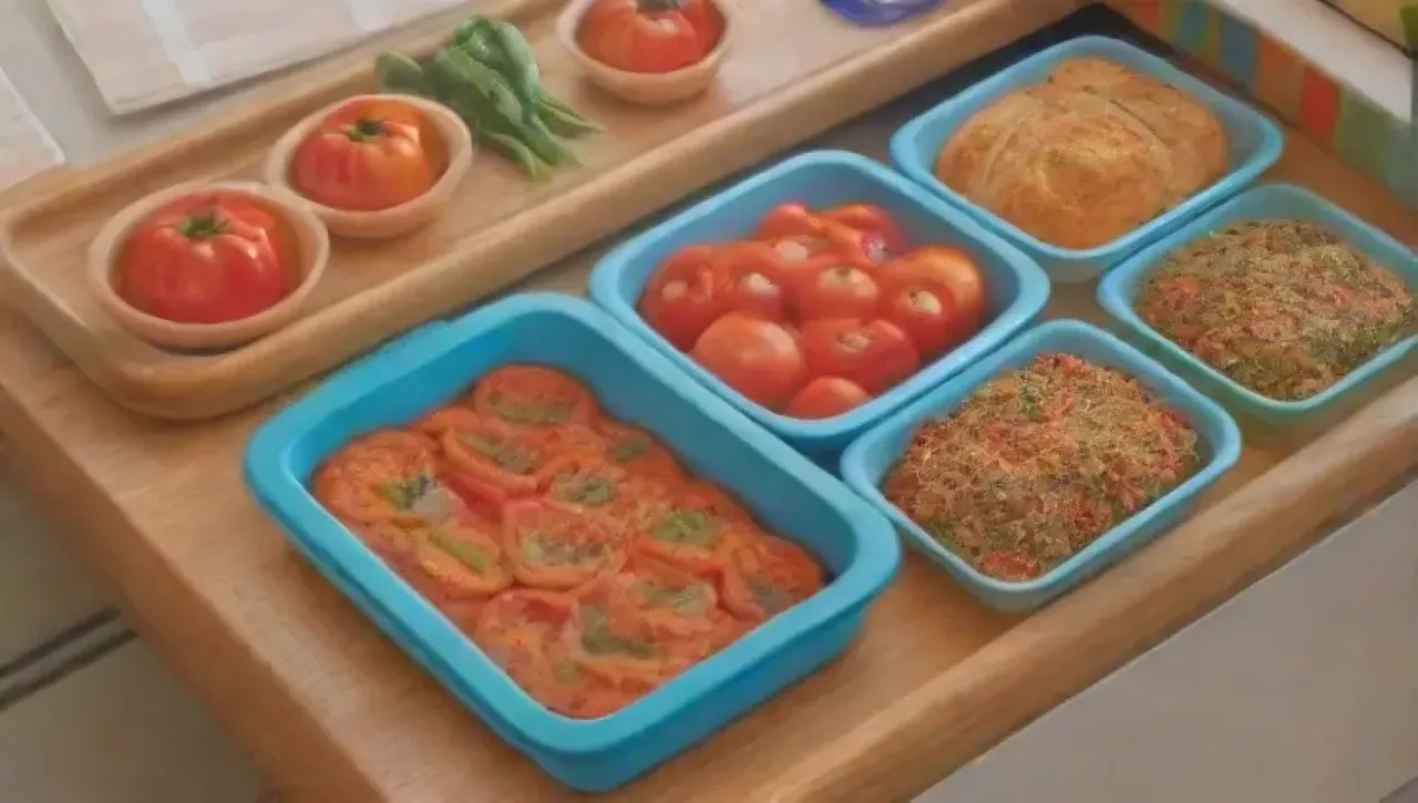 Escena de cocina vibrante con ingredientes frescos y un ambiente acogedor