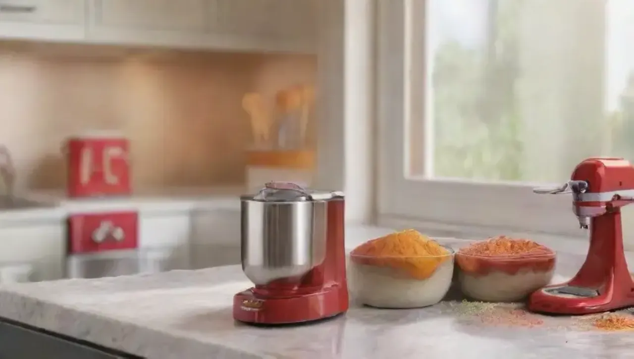 Una cocina vibrante con ingredientes coloridos y utensilios brillantes en un ambiente acogedor
