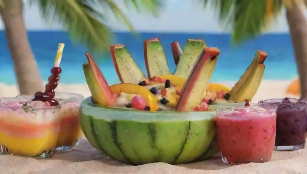 Un festín visual de frutas tropicales y cócteles vibrantes en un paraíso playero