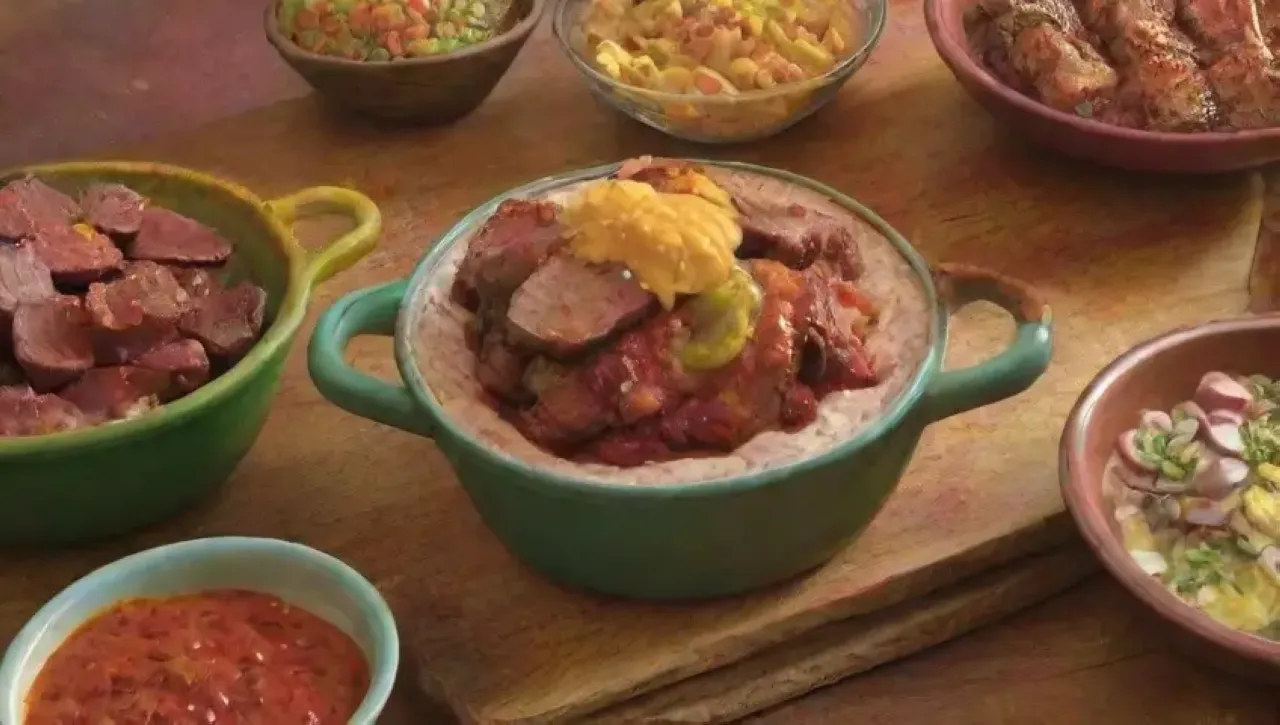 Una escena festiva llena de colores vibrantes, comida deliciosa y risas familiares