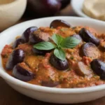Dip saludable de berenjenas asadas con especias de Medio Oriente y hierbas frescas