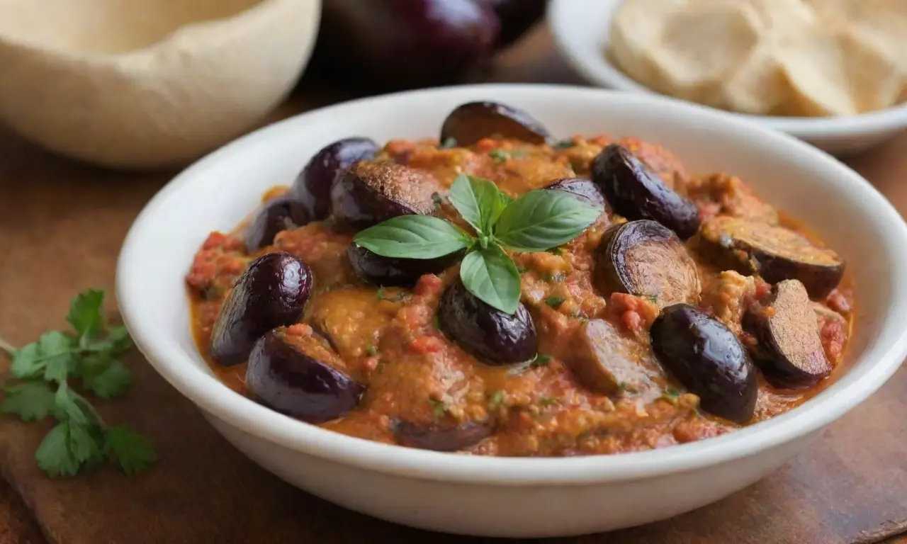 Dip saludable de berenjenas asadas con especias de Medio Oriente y hierbas frescas
