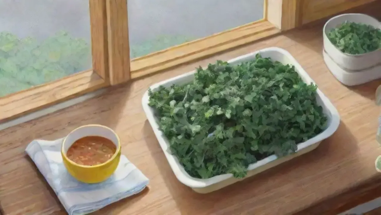 Una cocina vibrante y acogedora con kale fresco, feta, tortilla amarilla y especias coloridas