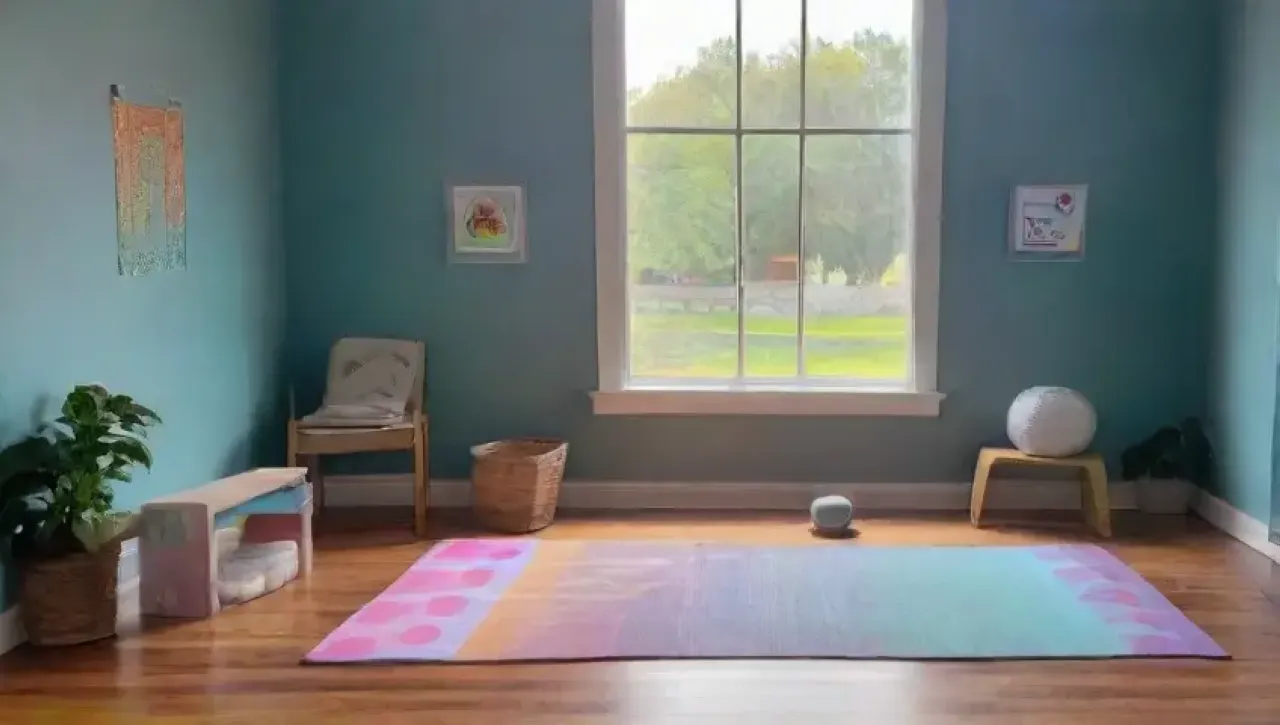 Un estudio de yoga sereno con luz natural, mats coloridos, plantas, citas inspiradoras y un ambiente tranquilo