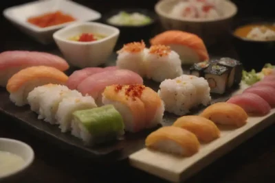 Sushi variado y elegante con colores vibrantes y sabores deliciosos