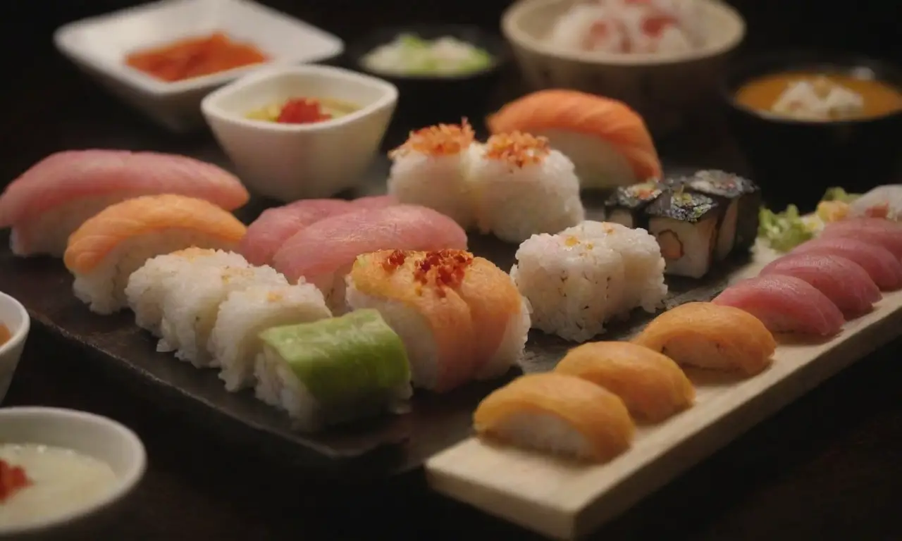 Sushi variado y elegante con colores vibrantes y sabores deliciosos